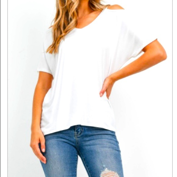 Oversized White Cold Shoulder Flutter Sleeve Tee